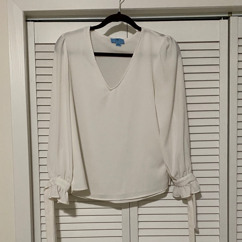 CeCe Cream V-Neck Blouse with Tie Sleeves